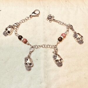 Stainless Steel Chain Link Bracelet Removable Skull Charms Round Rhodonite Beads